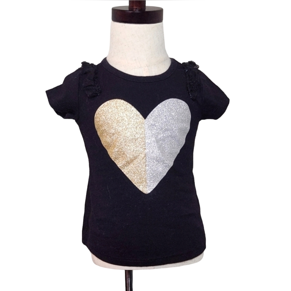 Okie Dokie Black Gold Silver Heart Short Sleeve Shirt Size Girl 18 Month